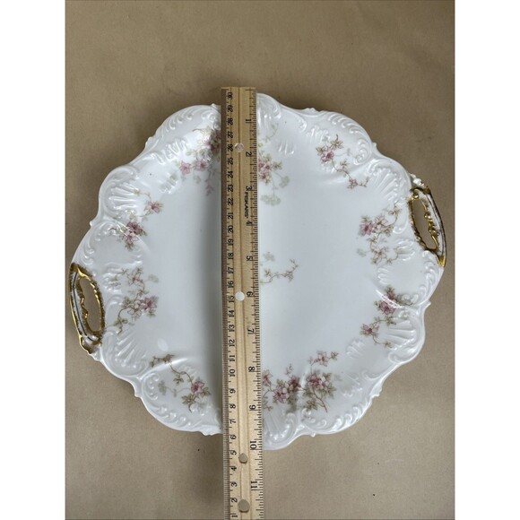 Antique Elite Works Limoges France Pink Green Floral Serving Plate Golden Hdls - Picture 15 of 15